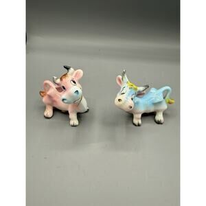 Vintage Pink & Blue Cow Salt and Pepper Shakers Farm Country Decor Repaired